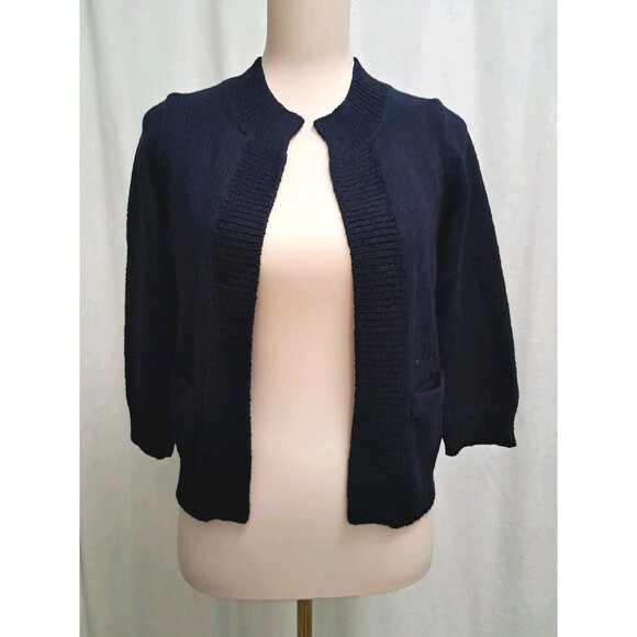 J.Crew Cropped Open Front Cardigan Pockets 3/4 Sleeves Cotton Size S Navy Blue - Picture 1 of 10